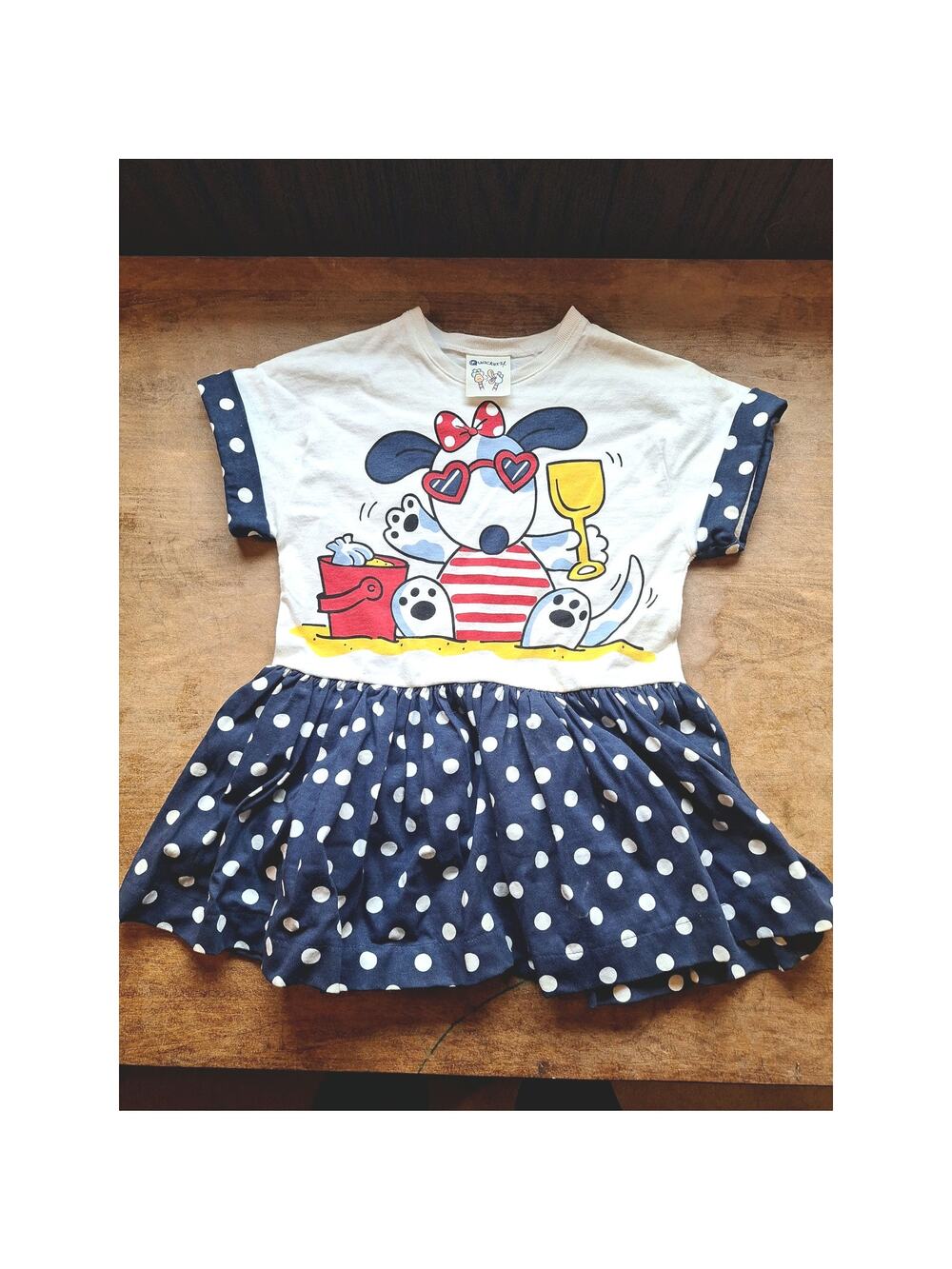 Vintage 90s Quackers Patriotic Puppy Dress Toddler Size 3T Polka Dot Beach USA